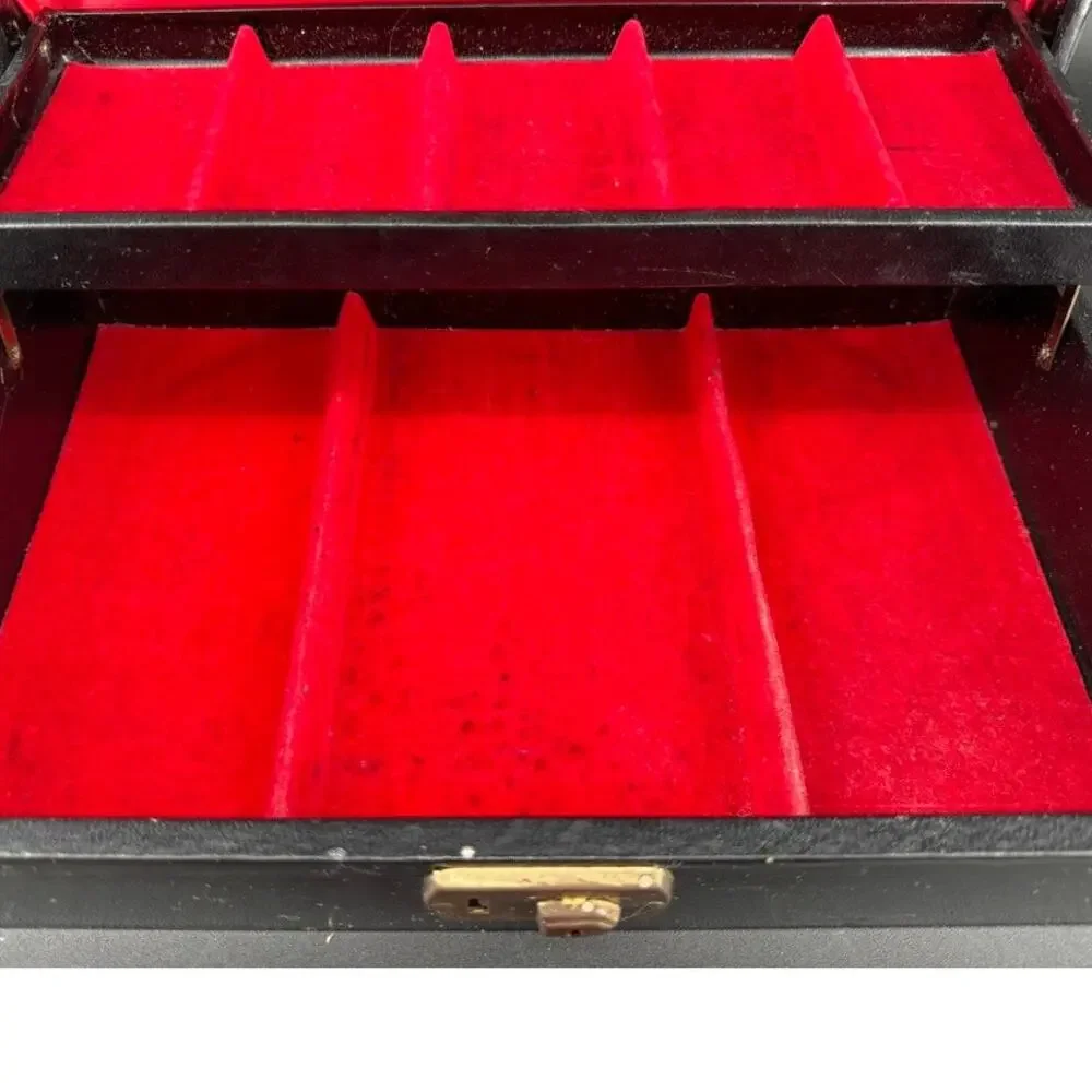 Vintage 1950s Jewelry Box Black Gold Tooled Red Velvet Lift Tray 12.5